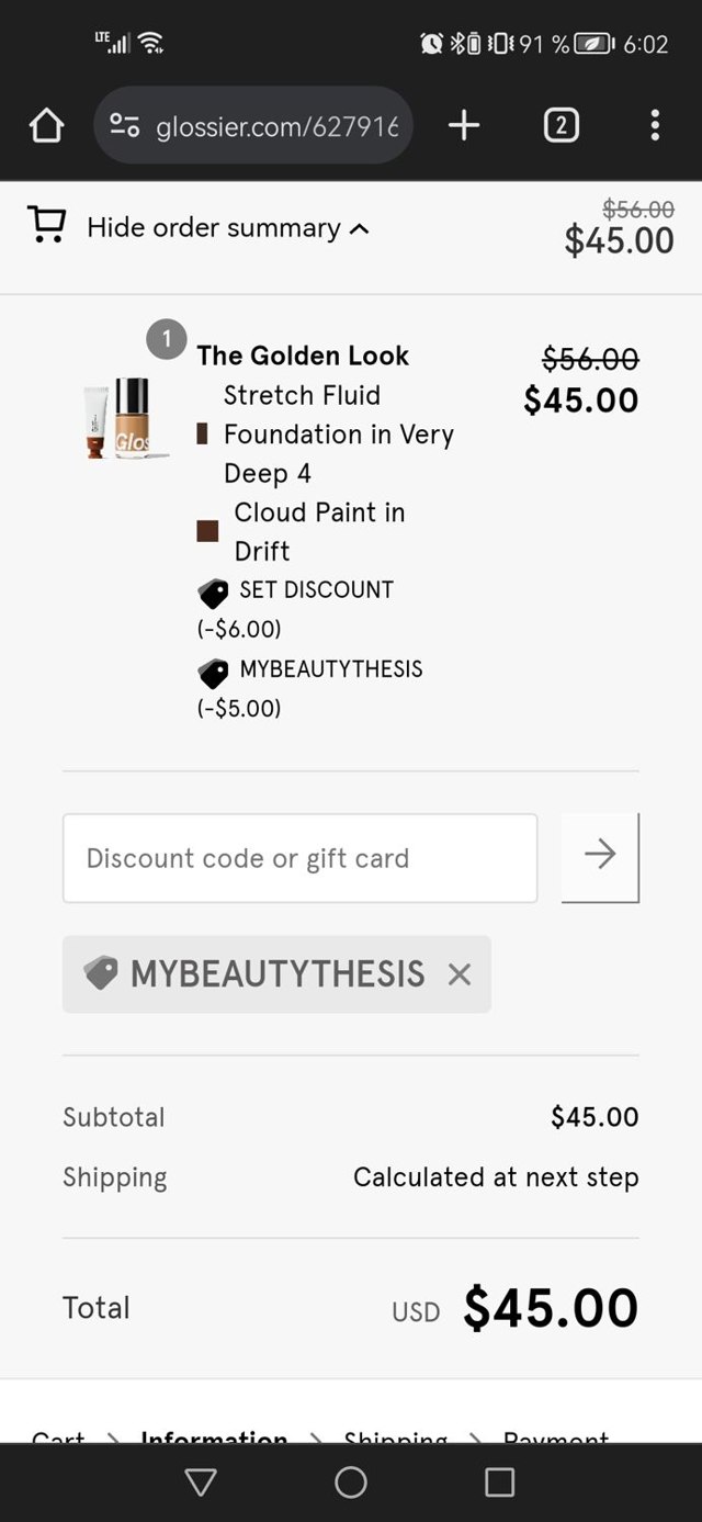 Glossier checkout page showing Glossier discount code box | Screenshot taken by SimplyCodes community member on Feb 25, 2024