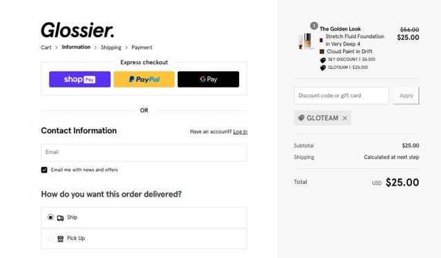 Glossier checkout page showing Glossier discount code box | Screenshot taken by SimplyCodes community member on Feb 29, 2024