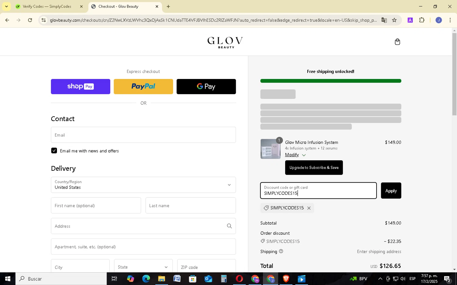 Glov Beauty discount code screenshot showing code SIMPLYCODES15 applied at Glov Beauty checkout page. Uploaded by SimplyCodes community member EpicSage3474 on Feb 17, 2025