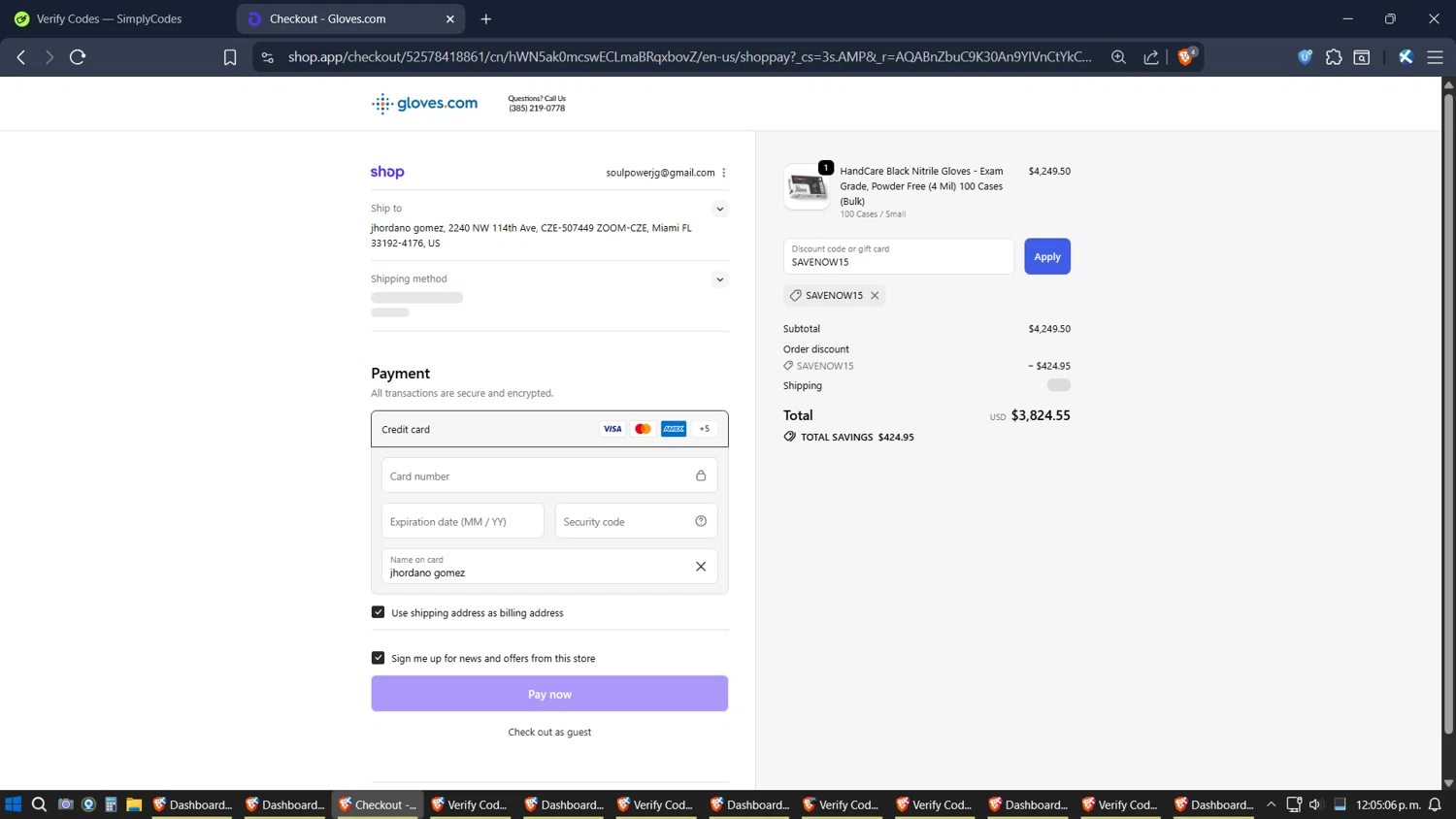Gloves promo code screenshot showing code SAVENOW15 applied at Gloves checkout page. Uploaded by SimplyCodes community member Jgomez on Nov 22, 2025