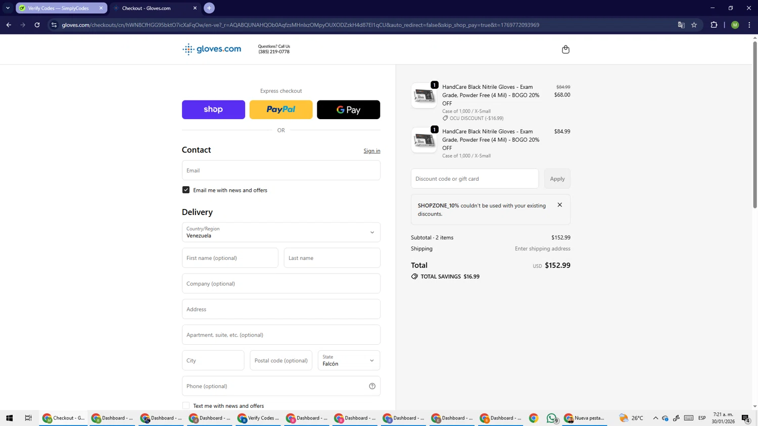 Gloves promo code screenshot showing code SHOPZONE_10% applied at Gloves checkout page. Uploaded by SimplyCodes community member PrimeSage6924 on Jan 30, 2026