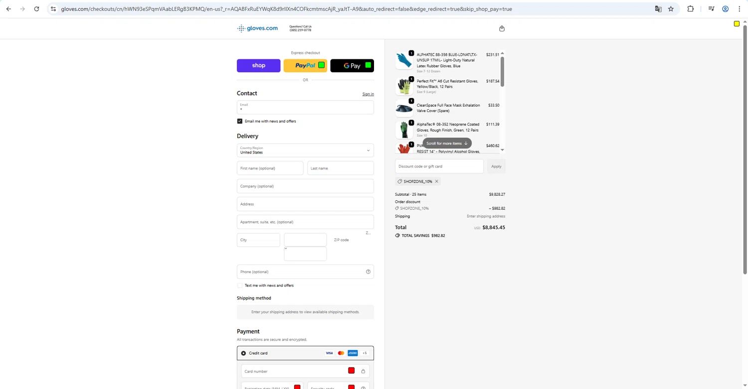Gloves promo code screenshot showing code SHOPZONE_10% applied at Gloves checkout page. Uploaded by SimplyCodes community member milennyzarraga on Feb 21, 2026