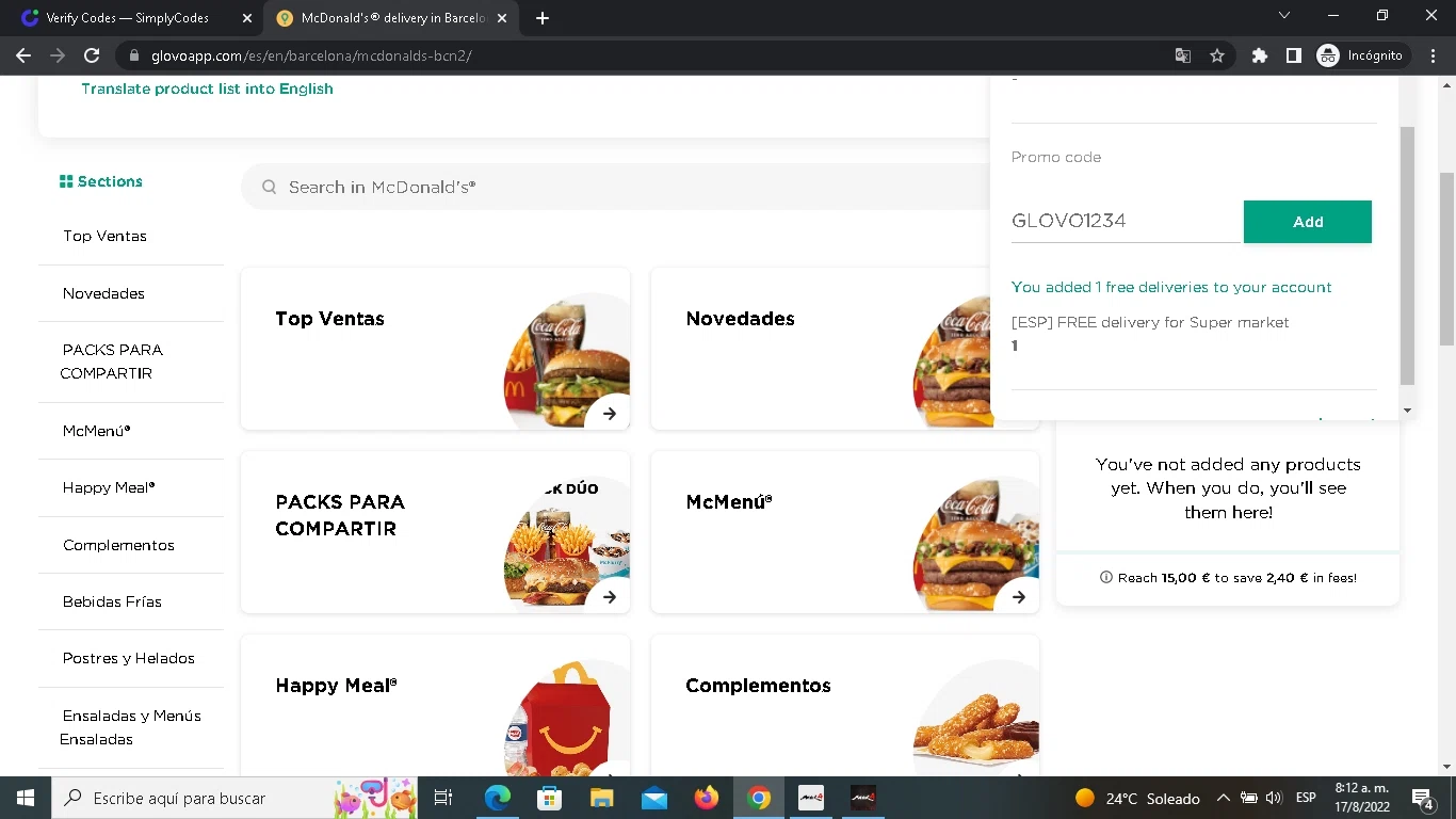 Glovo checkout page showing Glovo promo code box | Screenshot taken by SimplyCodes community member on Aug 17, 2022