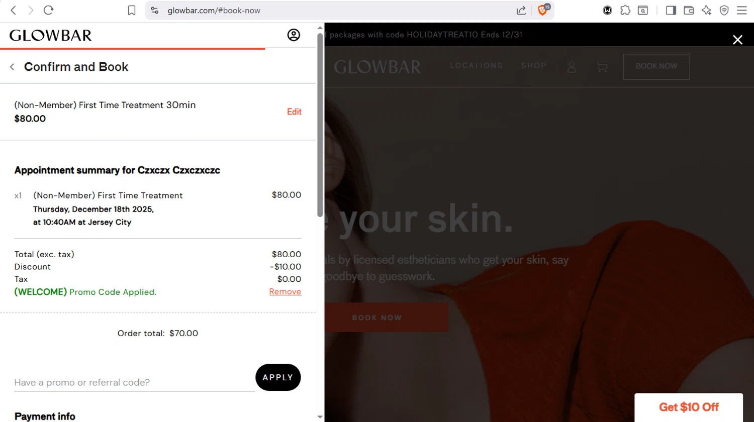 Glowbar promo code screenshot showing code WELCOME applied at Glowbar checkout page. Uploaded by SimplyCodes community member dayselis15 on Dec 18, 2025