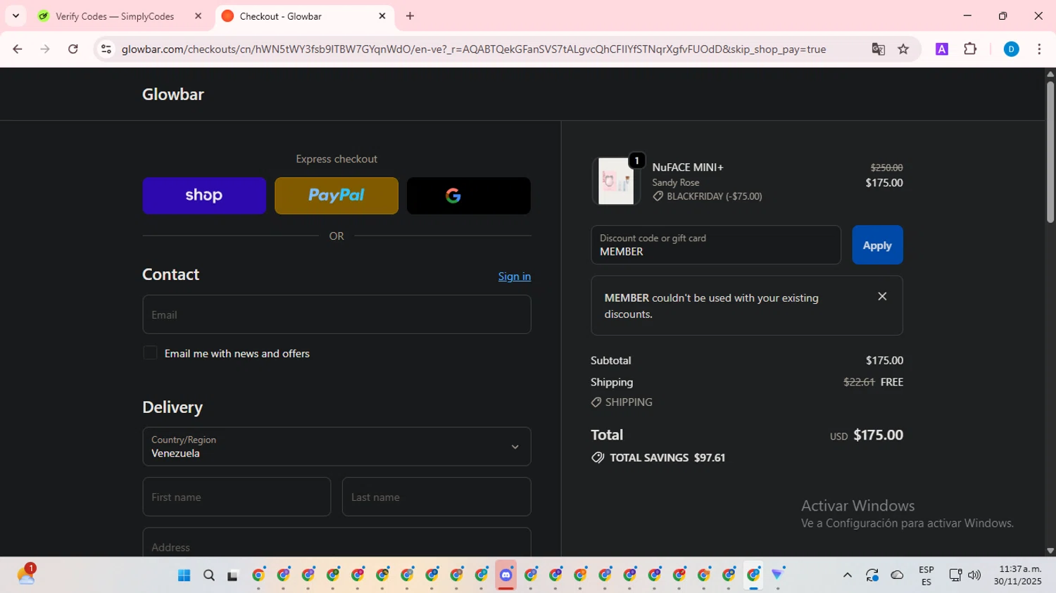 Glowbar promo code screenshot showing code MEMBER applied at Glowbar checkout page. Uploaded by SimplyCodes community member saltediosteve on Nov 30, 2025