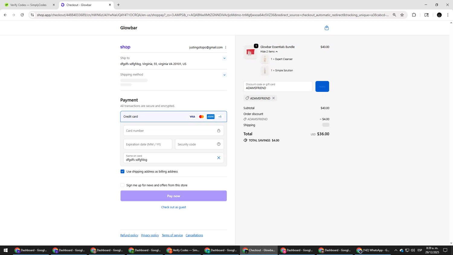 Glowbar promo code screenshot showing code ADAMSFRIEND applied at Glowbar checkout page. Uploaded by SimplyCodes community member Salometta on Dec 29, 2025