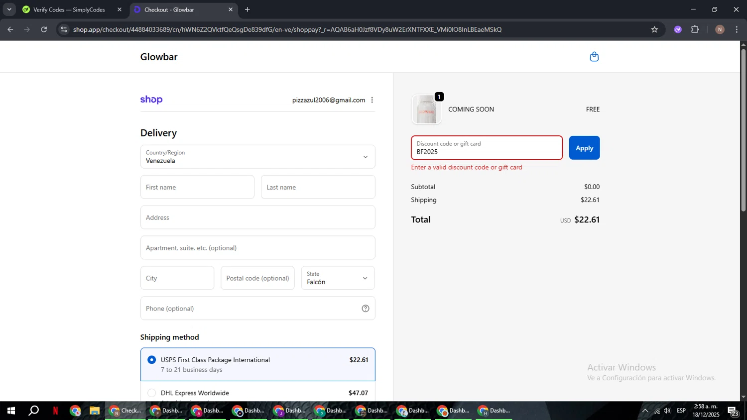 Glowbar promo code screenshot showing code BF2025 applied at Glowbar checkout page. Uploaded by SimplyCodes community member DiscountPioneer2554 on Dec 18, 2025