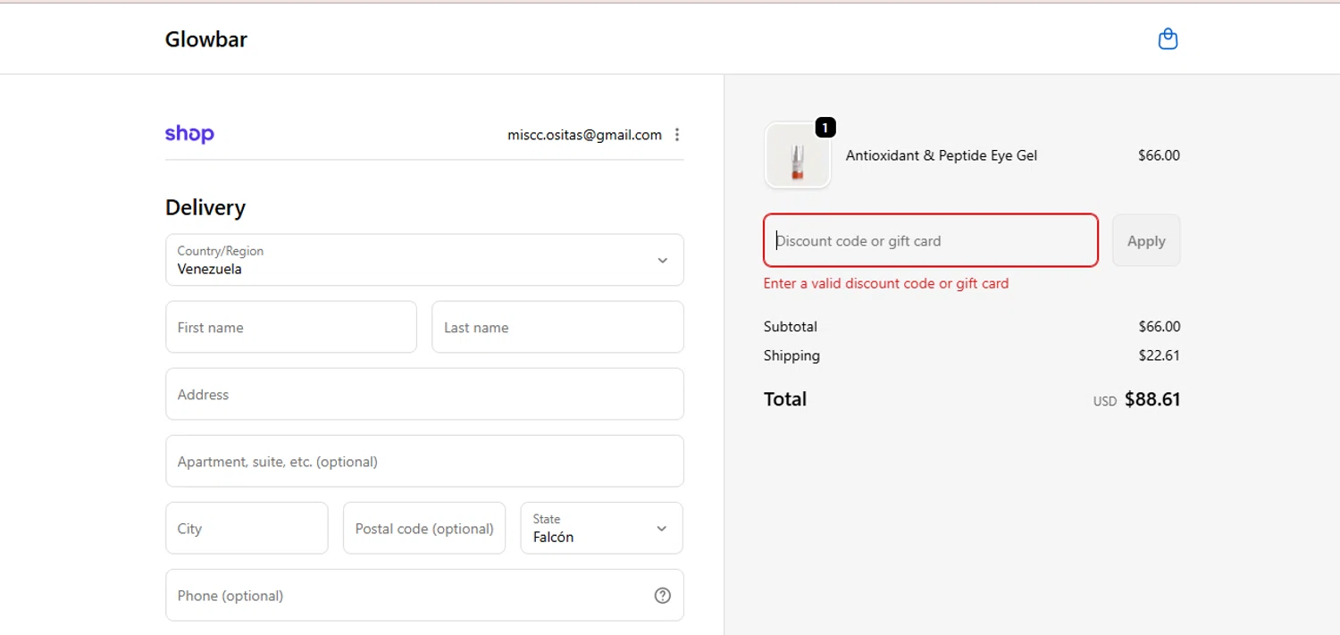 Glowbar promo code screenshot showing code 1DOLLARFACIAL applied at Glowbar checkout page. Uploaded by SimplyCodes community member BrilliantFalcon6936 on Jan 3, 2026