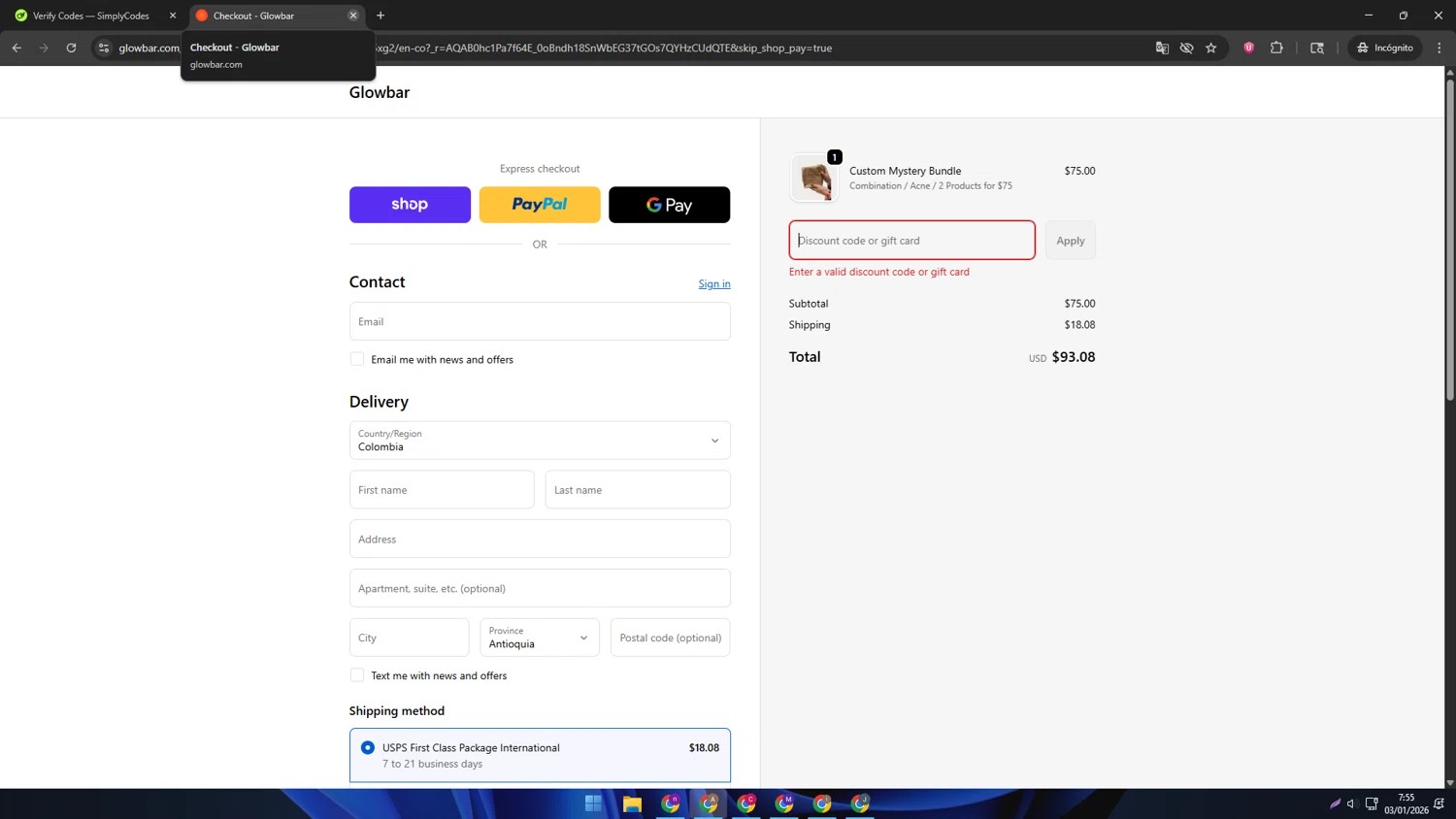Glowbar promo code screenshot showing code 1DOLLARFACIAL applied at Glowbar checkout page. Uploaded by SimplyCodes community member SwiftSage2309 on Jan 3, 2026