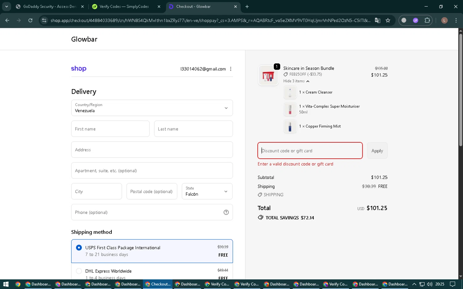 Glowbar promo code screenshot showing code FEB25OFF applied at Glowbar checkout page. Uploaded by SimplyCodes community member BrilliantTiger9986 on Feb 6, 2026