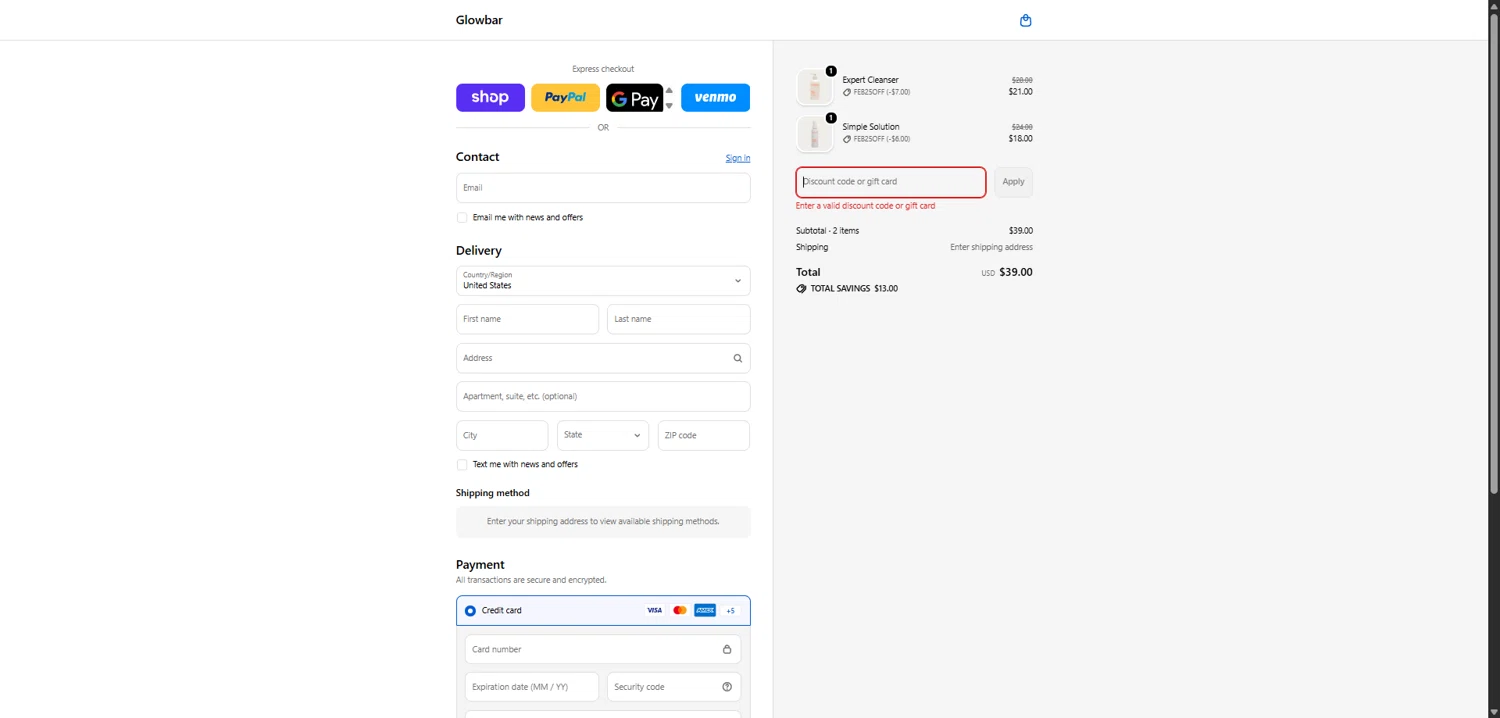 Glowbar promo code screenshot showing code FEB25OFF applied at Glowbar checkout page. Uploaded by SimplyCodes community member MagnificentTitan6986 on Feb 6, 2026