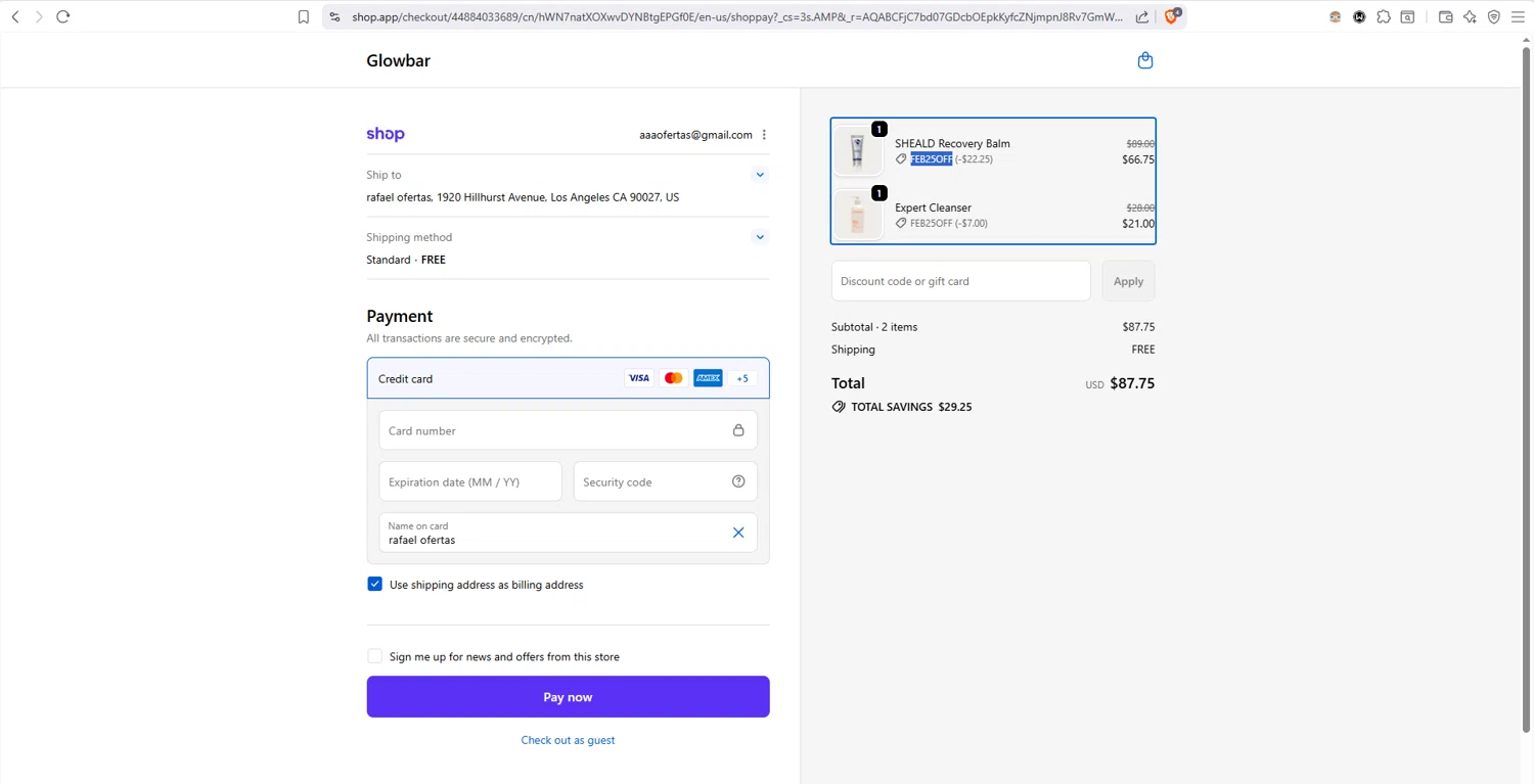 Glowbar checkout page showing Glowbar promo code box | Screenshot taken by SimplyCodes community member on Feb 2, 2026