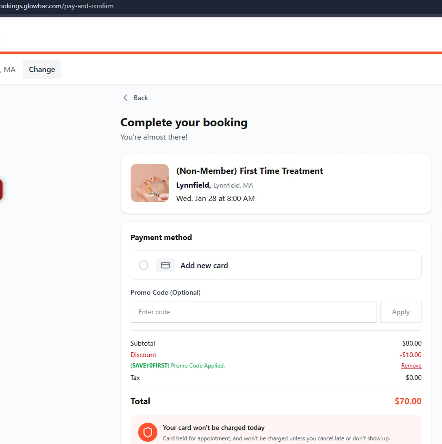 Glowbar promo code screenshot showing code SAVE10FIRST applied at Glowbar checkout page. Uploaded by SimplyCodes community member Jmhernand1 on Jan 27, 2026