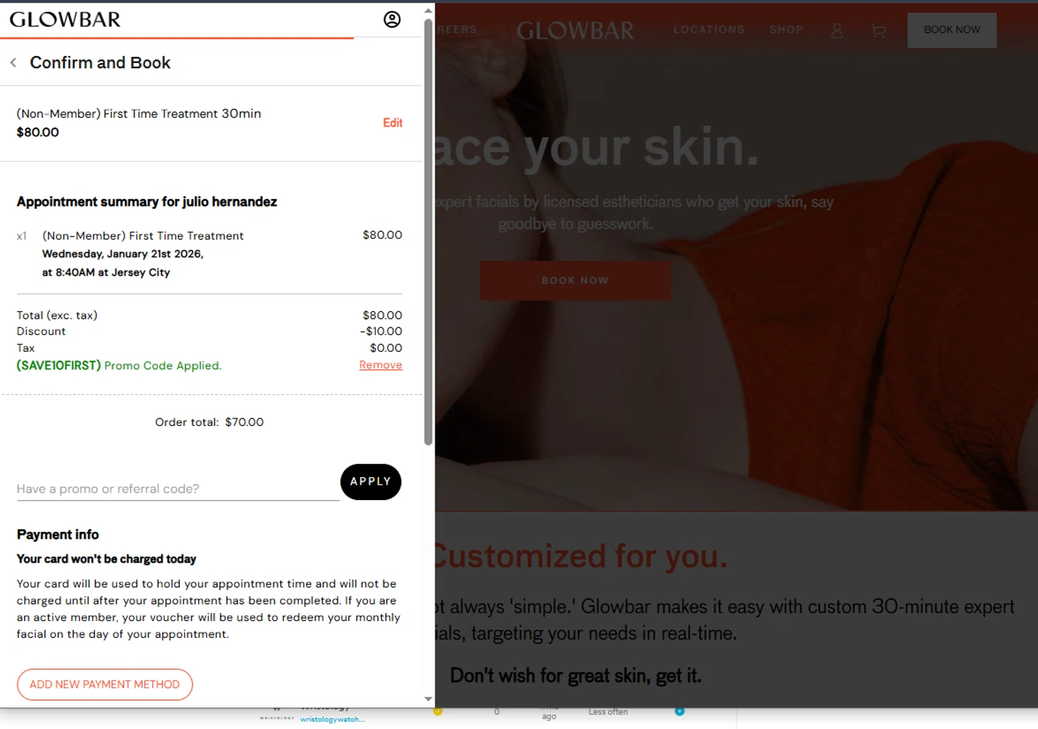 Glowbar promo code screenshot showing code SAVE10FIRST applied at Glowbar checkout page. Uploaded by SimplyCodes community member Jmhernand1 on Jan 14, 2026