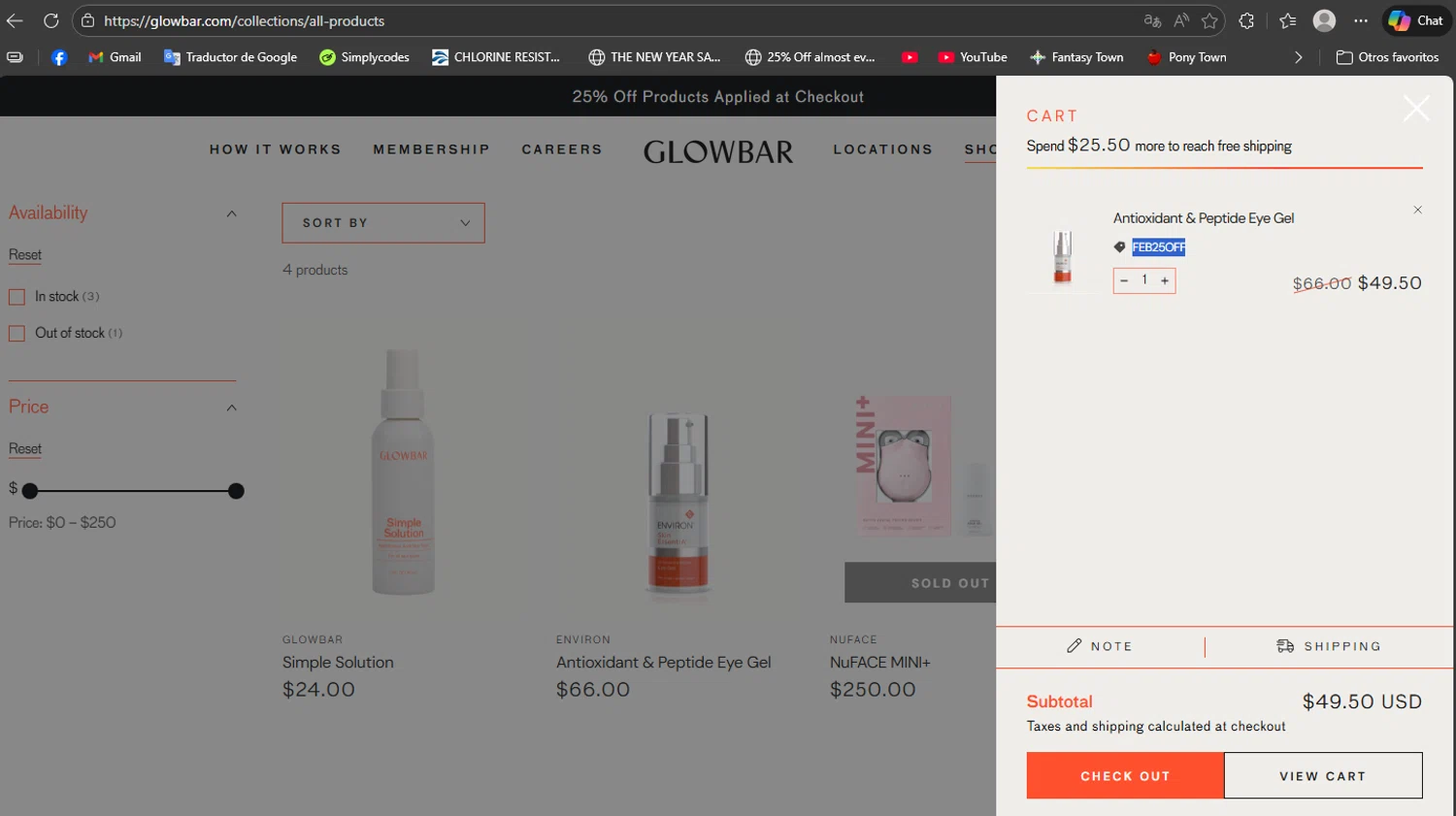 Glowbar promo code screenshot showing code FEB25OFF applied at Glowbar checkout page. Uploaded by SimplyCodes community member MoneyRanger9663 on Feb 7, 2026