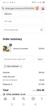WELCOME448 coupon verification screenshot