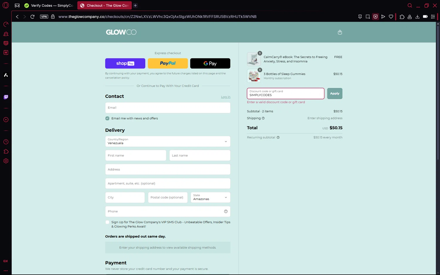 GlowCo discount code screenshot showing code SIMPLYCODES applied at GlowCo checkout page. Uploaded by SimplyCodes community member frijolito on Jun 7, 2025