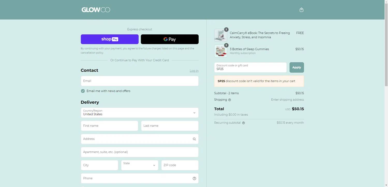 GlowCo checkout page showing GlowCo discount code box | Screenshot taken by SimplyCodes community member on May 23, 2025