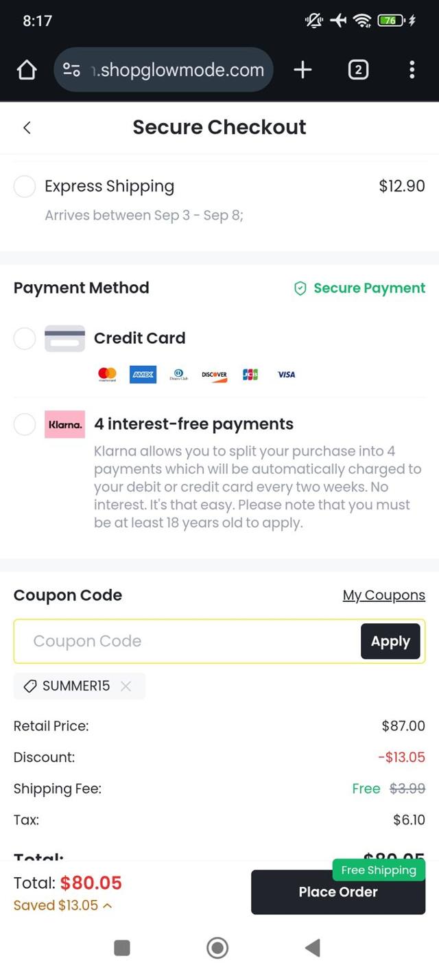 GLOWMODE checkout page showing GLOWMODE discount code box | Screenshot taken by SimplyCodes community member on Aug 27, 2025