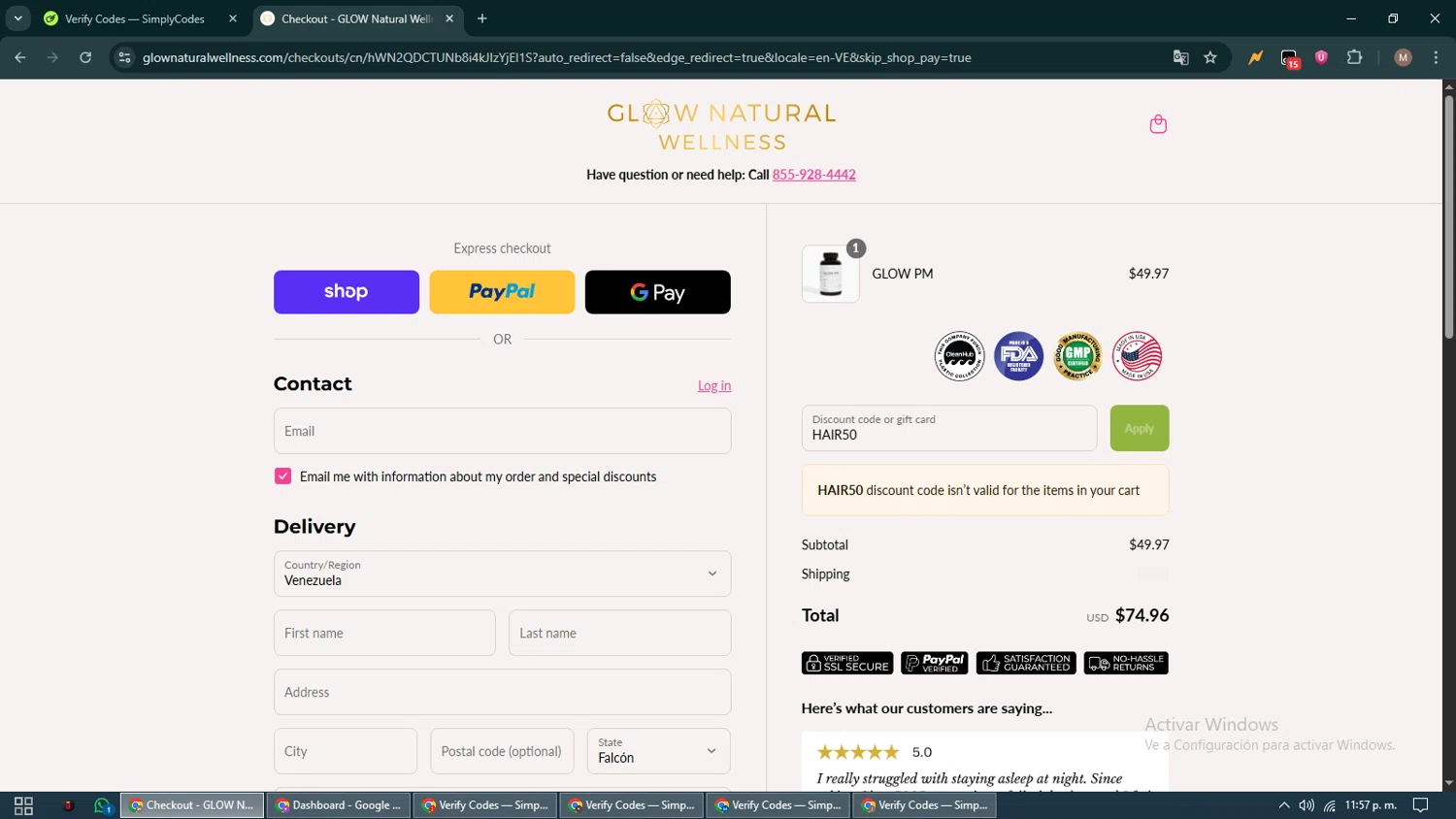 GLOW Natural Wellness promo code screenshot showing code HAIR50 applied at GLOW Natural Wellness checkout page. Uploaded by SimplyCodes community member DiscountTitan4635 on Aug 31, 2025