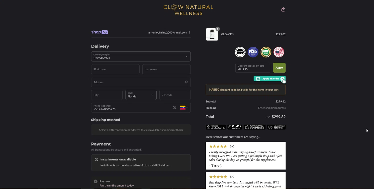 GLOW Natural Wellness promo code screenshot showing code HAIR50 applied at GLOW Natural Wellness checkout page. Uploaded by SimplyCodes community member johnnybravo on Aug 27, 2025