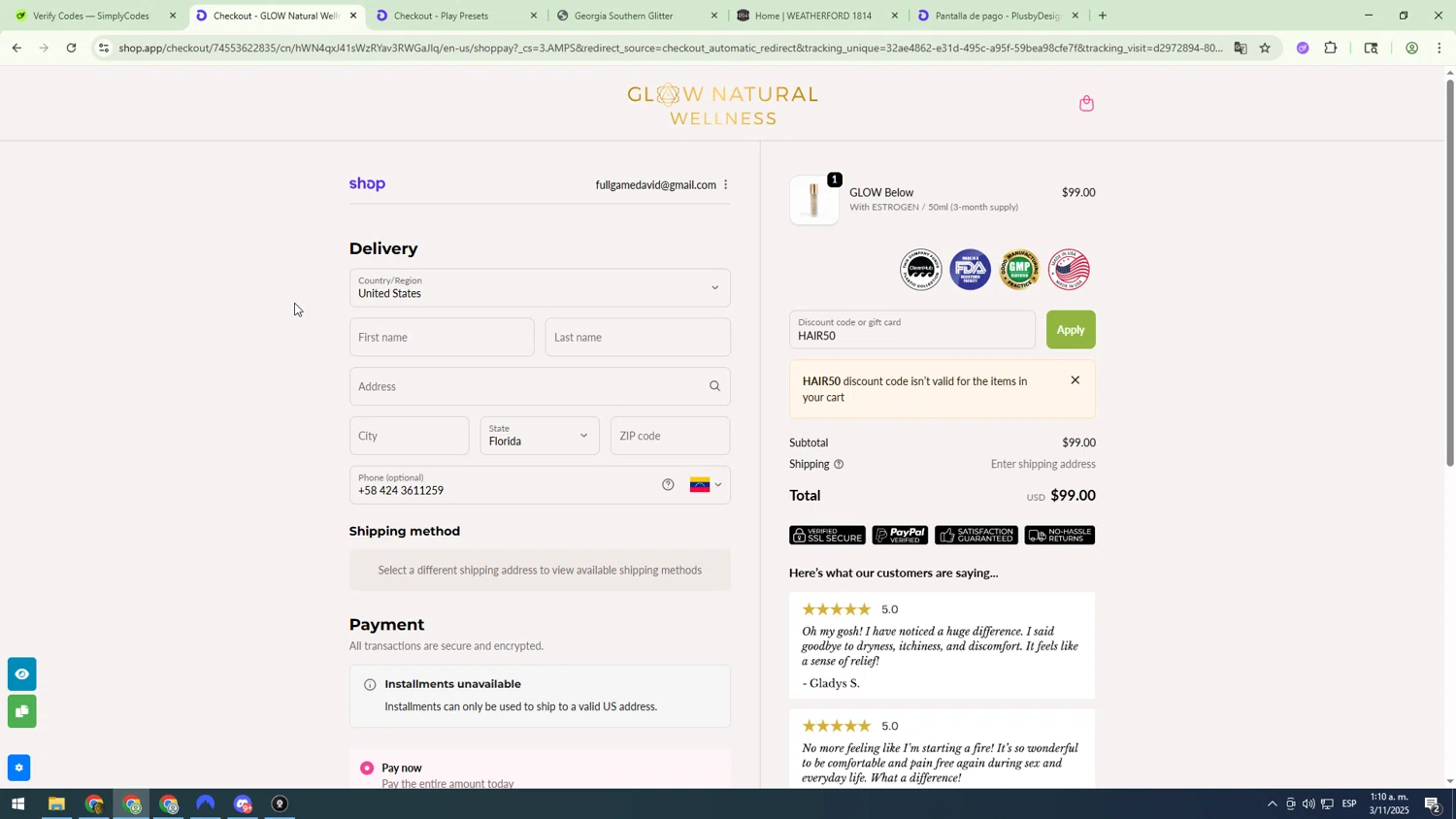 GLOW Natural Wellness promo code screenshot showing code HAIR50 applied at GLOW Natural Wellness checkout page. Uploaded by SimplyCodes community member sfdfgdsfgdfgdfg on Nov 3, 2025