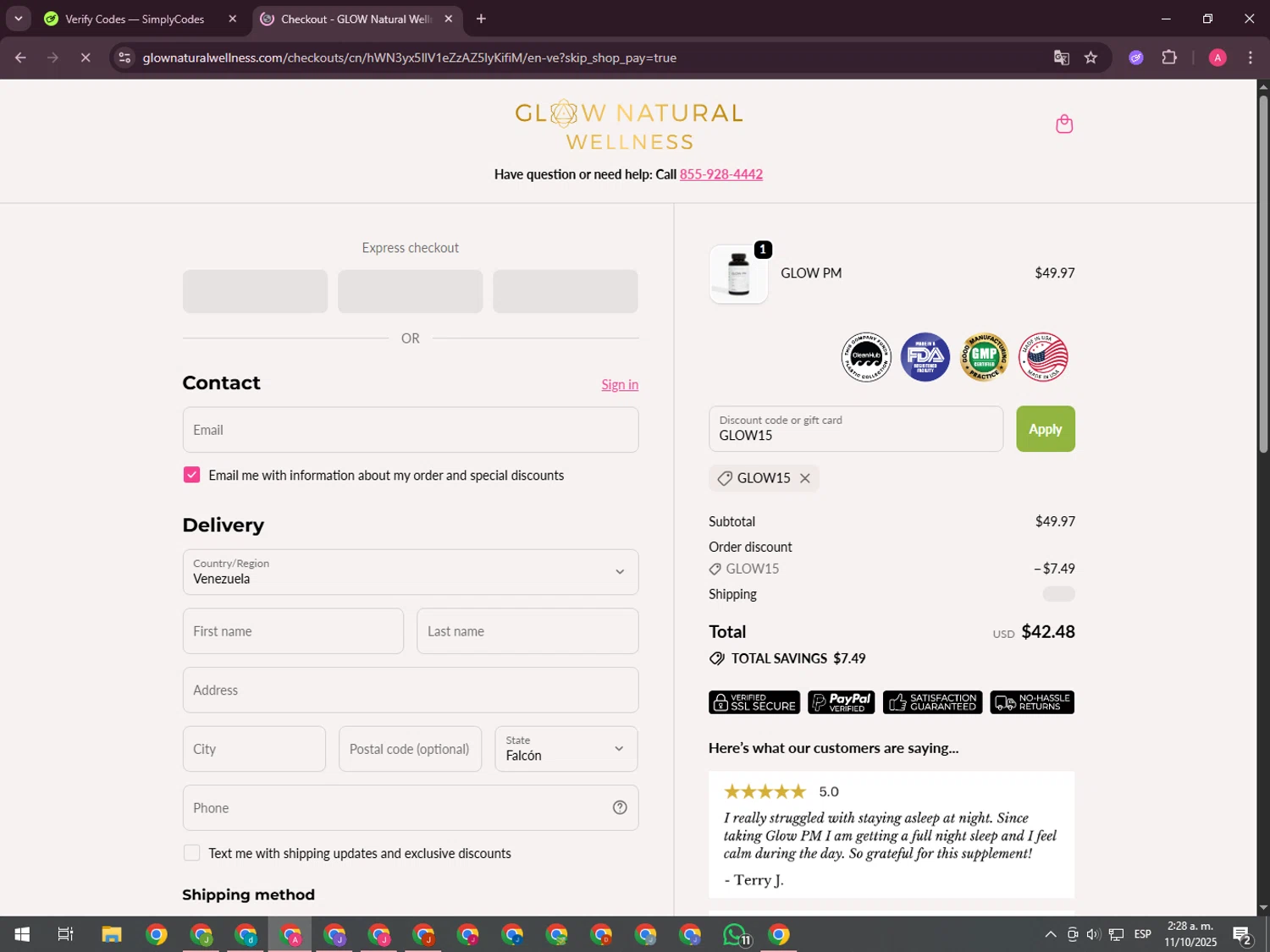 GLOW Natural Wellness promo code screenshot showing code GLOW15 applied at GLOW Natural Wellness checkout page. Uploaded by SimplyCodes community member CrownHawk3462 on Oct 11, 2025