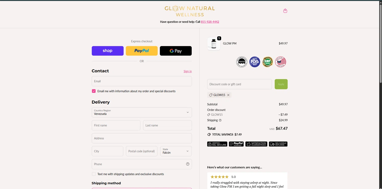 GLOW Natural Wellness checkout page showing GLOW Natural Wellness promo code box | Screenshot taken by SimplyCodes community member on Jan 2, 2026
