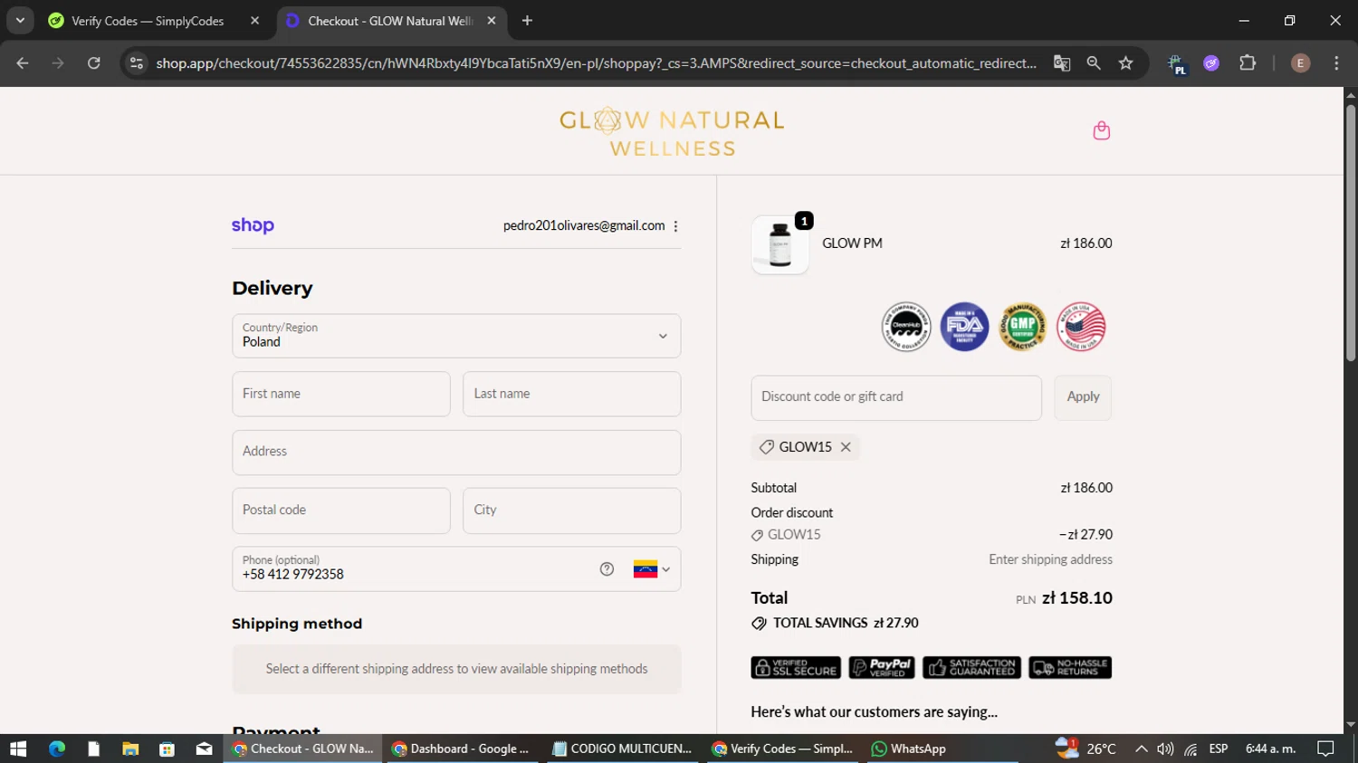 GLOW Natural Wellness promo code screenshot showing code GLOW15 applied at GLOW Natural Wellness checkout page. Uploaded by SimplyCodes community member gleykerjose on Oct 23, 2025