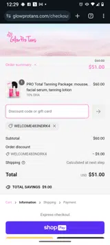 GlowPro Tans coupon verification screenshot