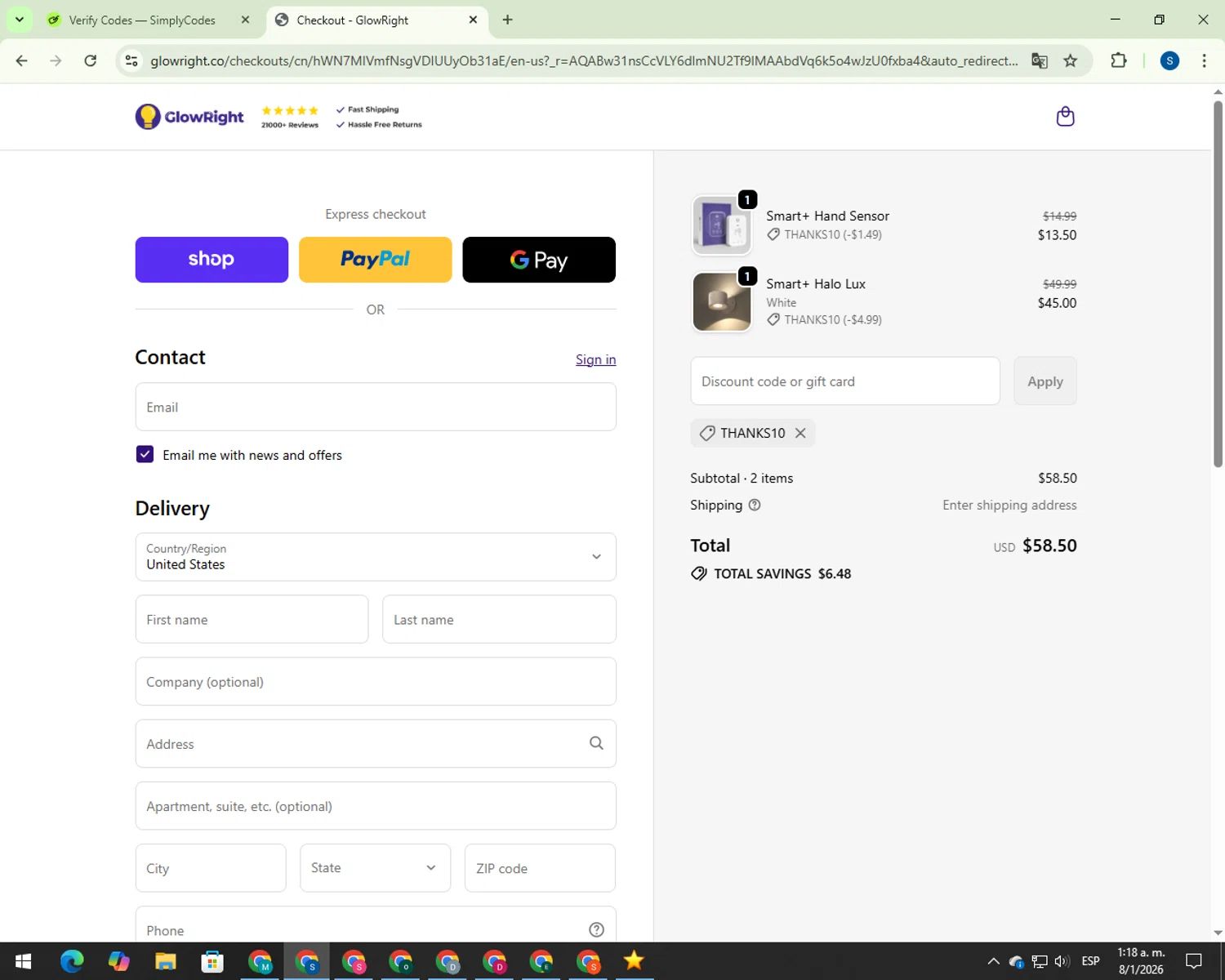 GlowRight discount code screenshot showing code THANKS10 applied at GlowRight checkout page. Uploaded by SimplyCodes community member 00000007 on Jan 8, 2026
