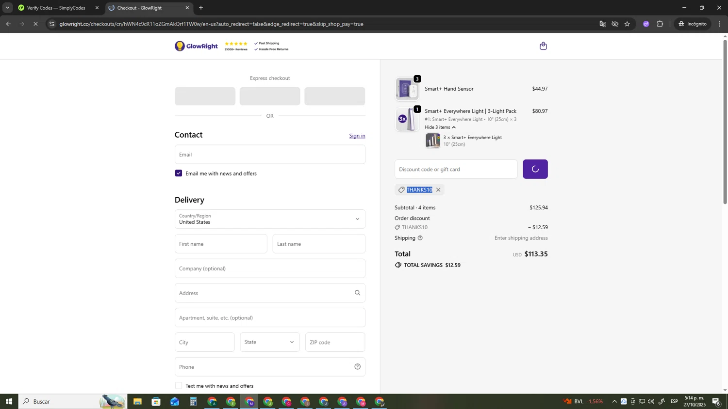 GlowRight discount code screenshot showing code THANKS10 applied at GlowRight checkout page. Uploaded by SimplyCodes community member CRF250CC on Oct 27, 2025