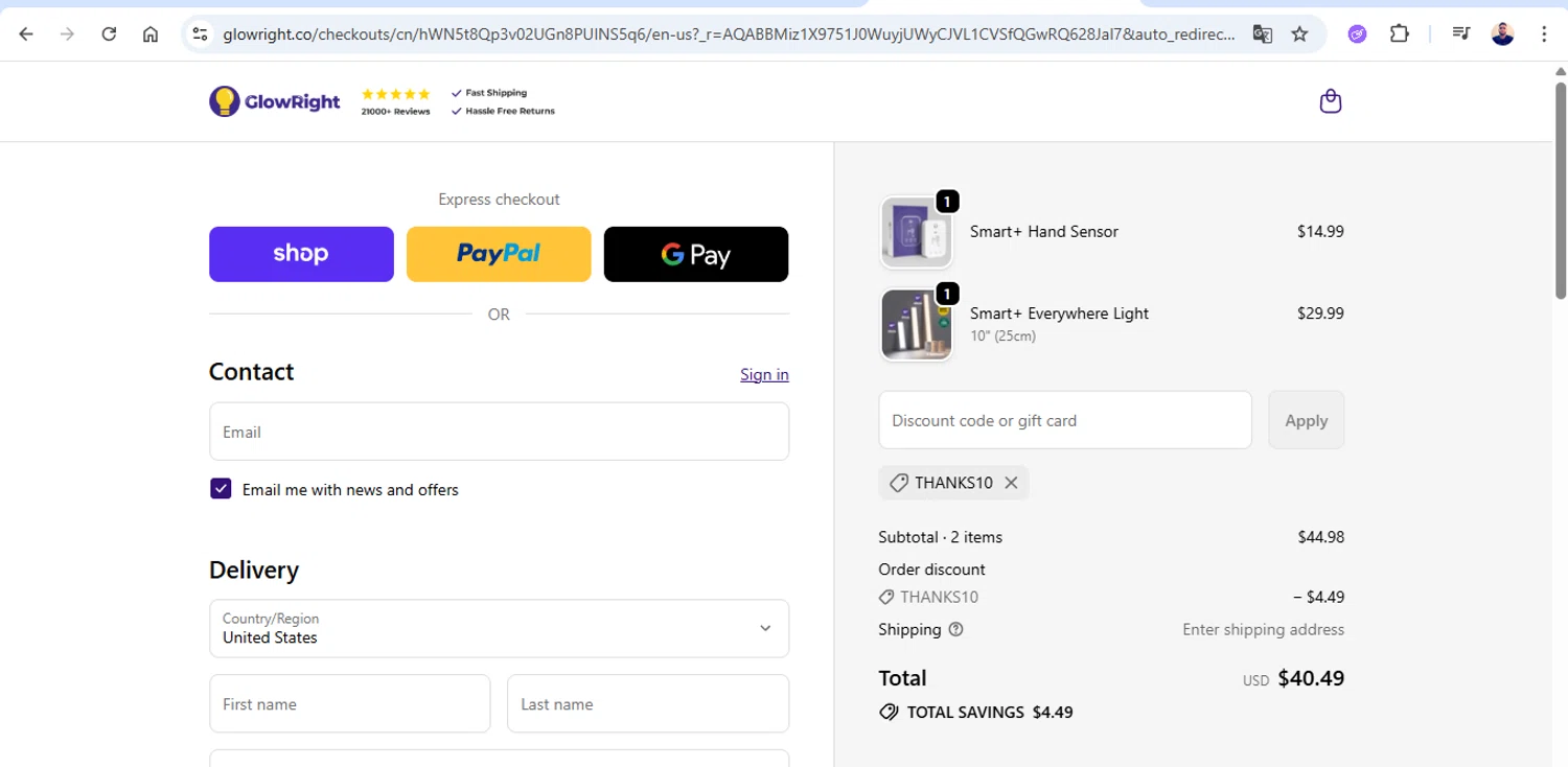 GlowRight discount code screenshot showing code THANKS10 applied at GlowRight checkout page. Uploaded by SimplyCodes community member joseg151520 on Nov 30, 2025