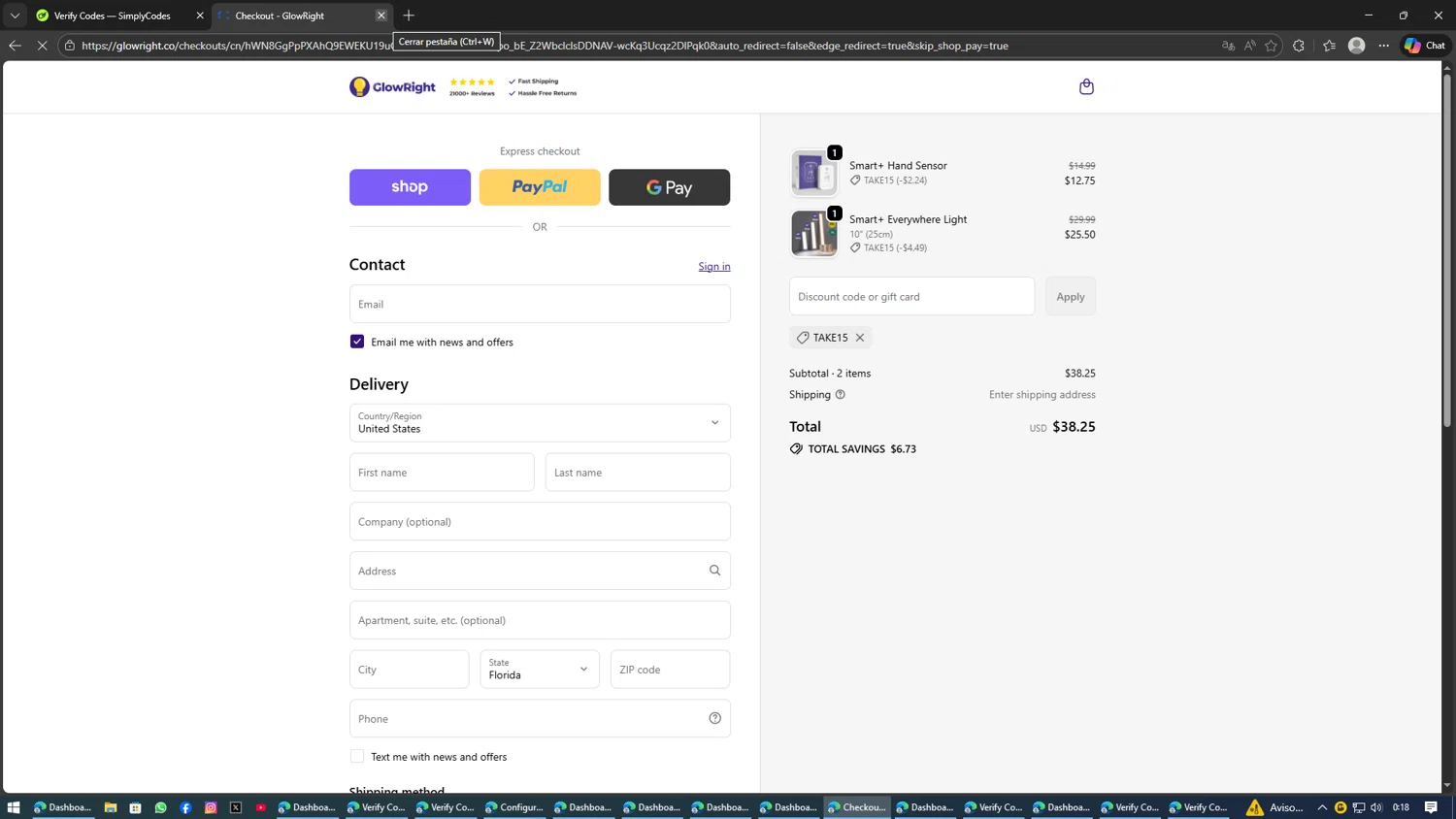 GlowRight discount code screenshot showing code TAKE15 applied at GlowRight checkout page. Uploaded by SimplyCodes community member AVATIGRITO on Feb 1, 2026