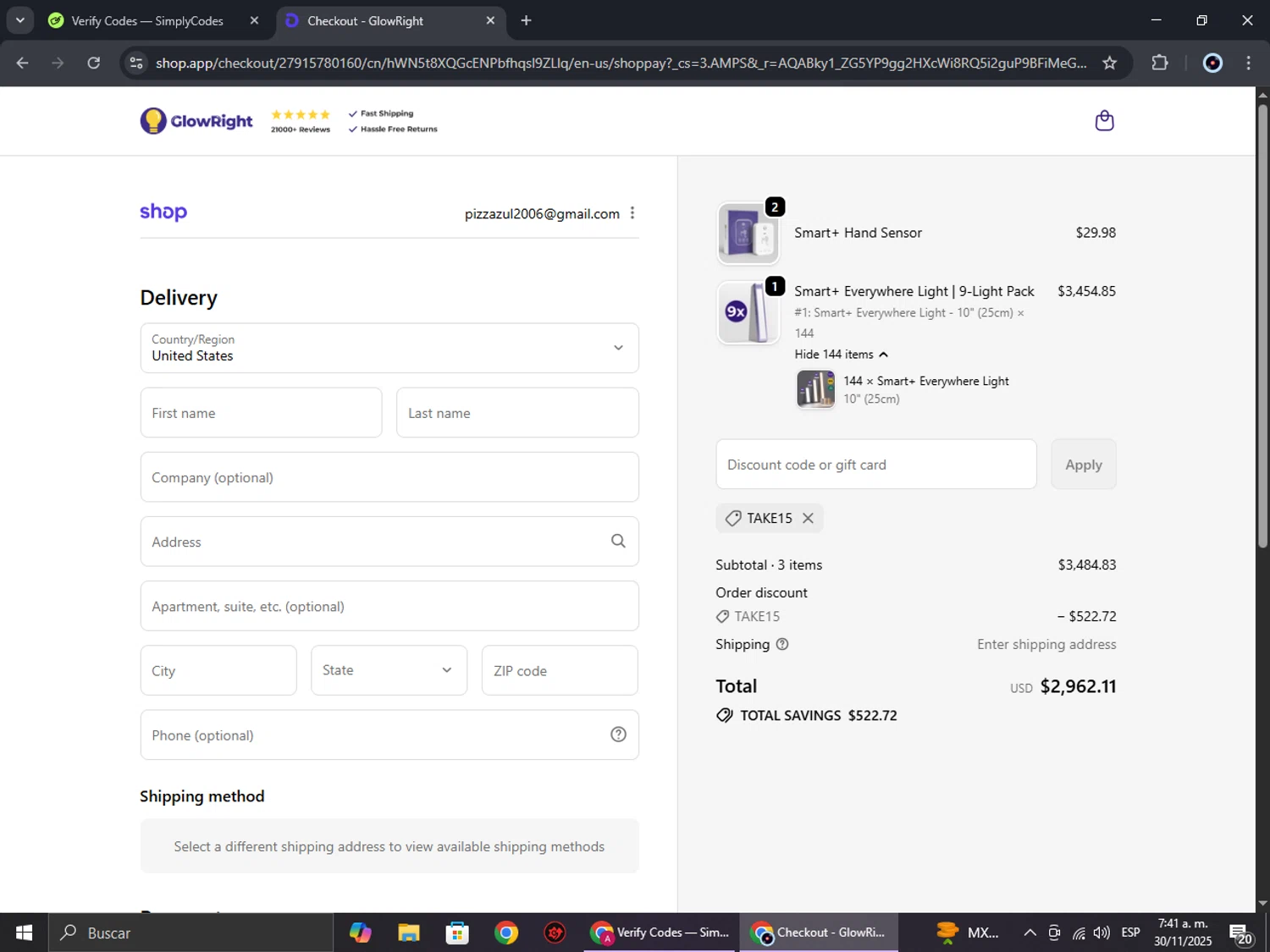 GlowRight discount code screenshot showing code TAKE15 applied at GlowRight checkout page. Uploaded by SimplyCodes community member RoyalBoss4384 on Nov 30, 2025