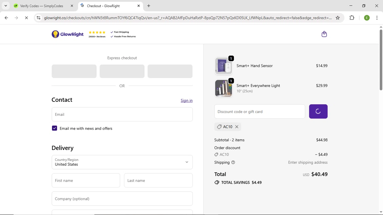 GlowRight discount code screenshot showing code AC10 applied at GlowRight checkout page. Uploaded by SimplyCodes community member DiscountScout1646 on Nov 30, 2025