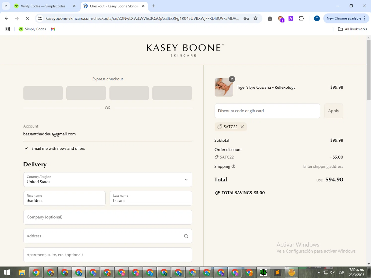 Glow Skincare discount code screenshot showing code SATC22 applied at Glow Skincare checkout page. Uploaded by SimplyCodes community member NobleAce3835 on Mar 23, 2025