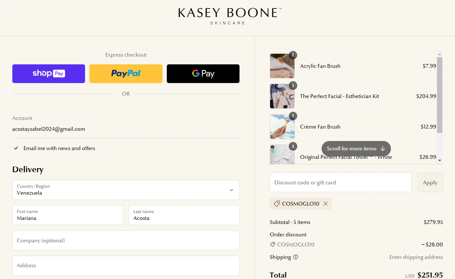 Glow Skincare discount code screenshot showing code COSMOGLO10 applied at Glow Skincare checkout page. Uploaded by SimplyCodes community member Gray_75 on Feb 24, 2025