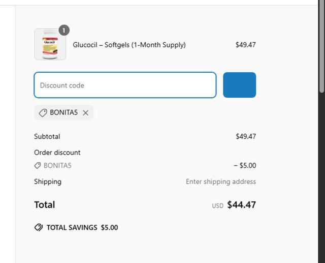 Glucocil checkout page showing Glucocil promo code box | Screenshot taken by SimplyCodes community member on Apr 6, 2025