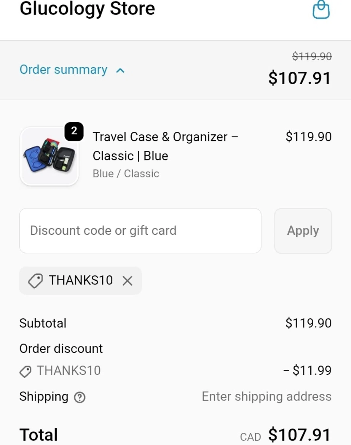 Glucology Store promo code screenshot showing code THANKS10 applied at Glucology Store checkout page. Uploaded by SimplyCodes community member ValiantCurator3344 on Feb 3, 2026