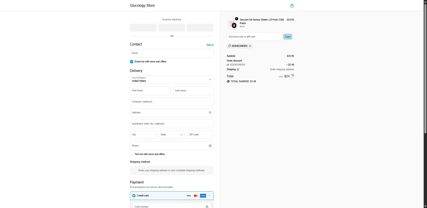 Glucology Store promo code screenshot showing code EDDIEGREEN applied at Glucology Store checkout page. Uploaded by SimplyCodes community member CodeAce1208 on Apr 28, 2026