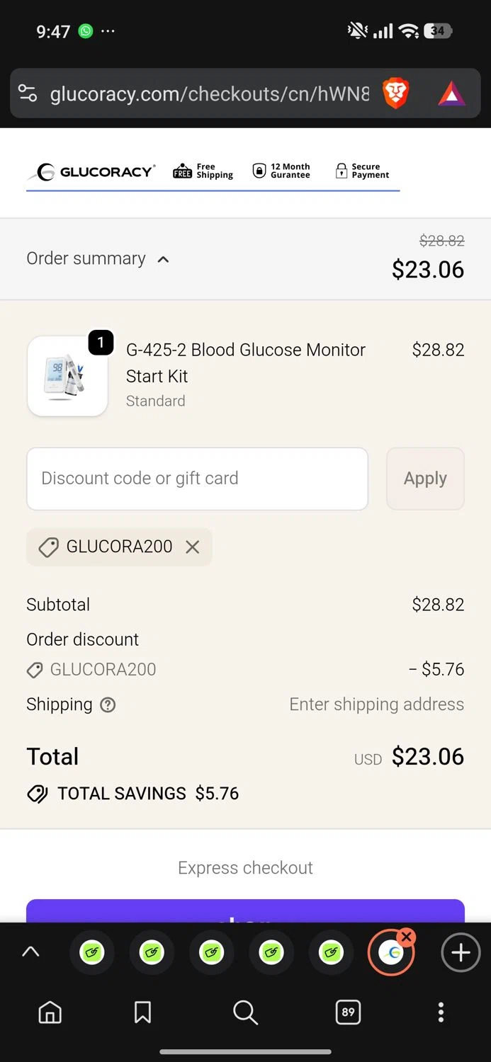 Glucoracy promo code screenshot showing code glucora200 applied at Glucoracy checkout page. Uploaded by SimplyCodes community member Dejadepicharme on Feb 5, 2026