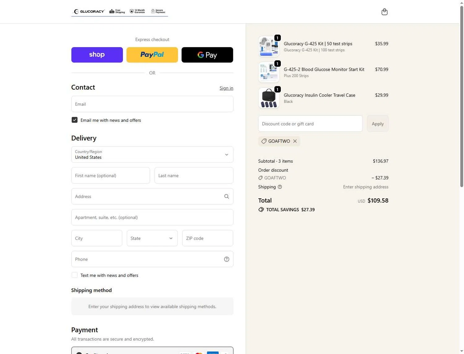 Glucoracy promo code screenshot showing code GOAFTWO applied at Glucoracy checkout page. Uploaded by SimplyCodes community member Andaspendientedeunovale on May 30, 2026