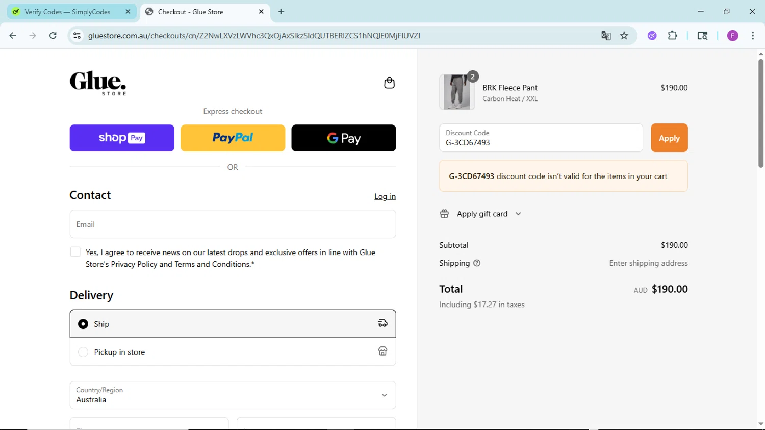 Glue Store promo code screenshot showing code G-3CD67493 applied at Glue Store checkout page. Uploaded by SimplyCodes community member ShieldTitan6985 on Jun 19, 2025