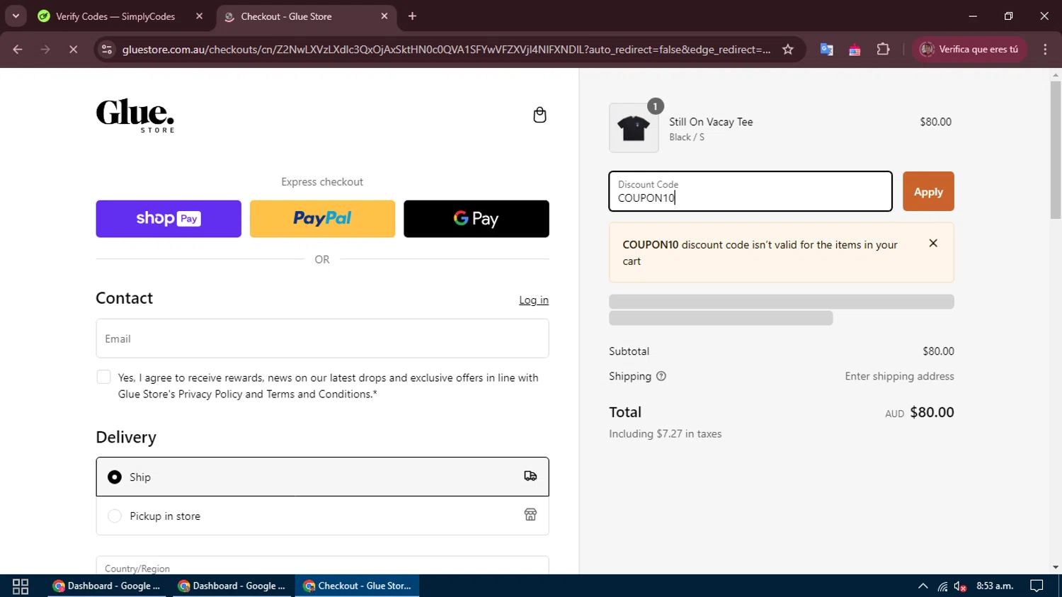 Glue Store promo code screenshot showing code COUPON10 applied at Glue Store checkout page. Uploaded by SimplyCodes community member DiscountFalcon2519 on Feb 7, 2025
