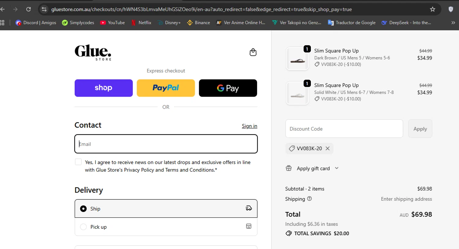 Glue Store promo code screenshot showing code VV083K-20 applied at Glue Store checkout page. Uploaded by SimplyCodes community member Hisoka on Oct 23, 2025