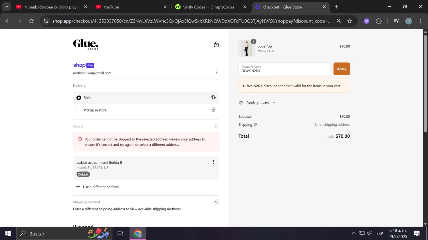 Glue Store promo code screenshot showing code GLWK-52DK applied at Glue Store checkout page. Uploaded by SimplyCodes community member Anderson on Apr 29, 2025