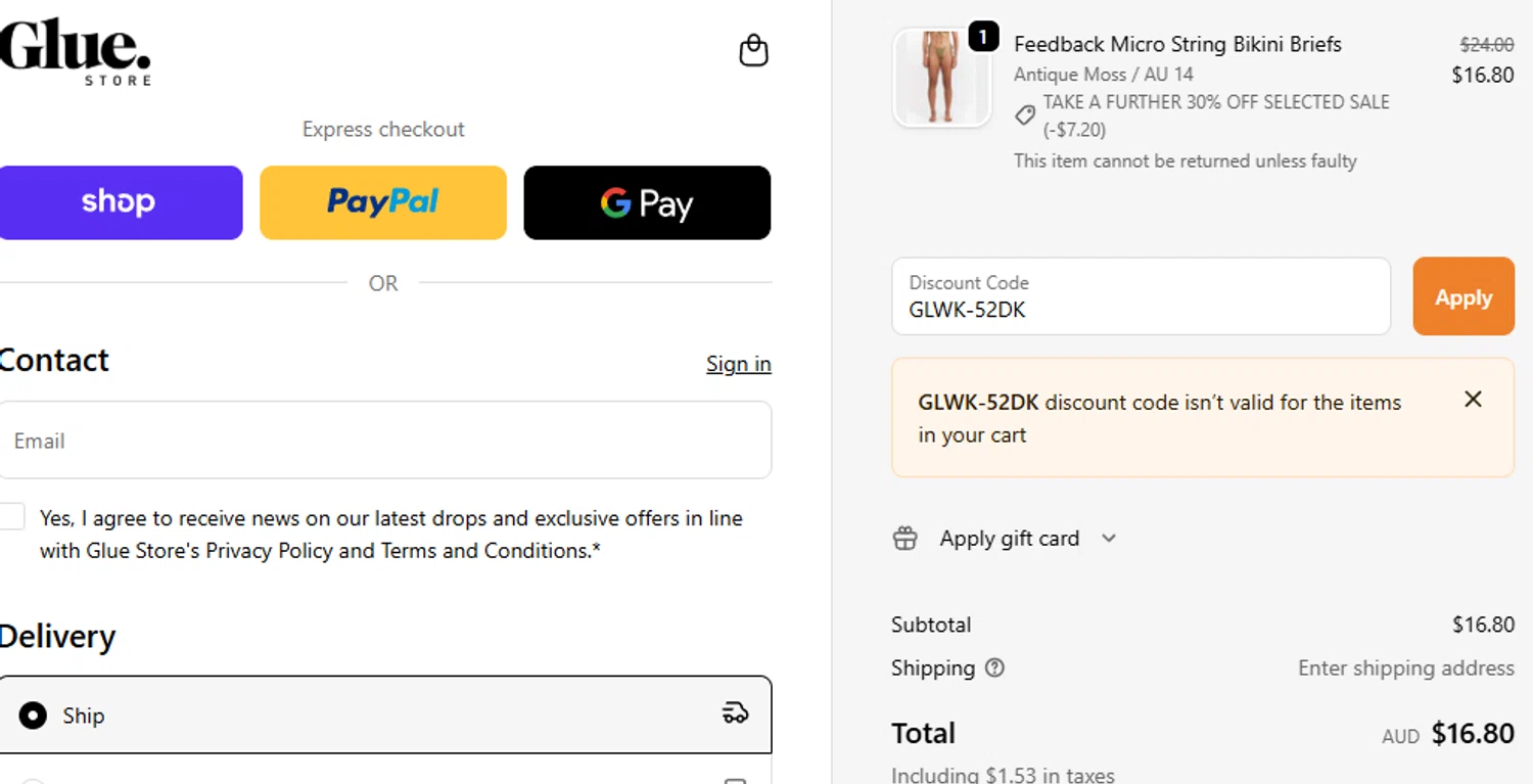 Glue Store promo code screenshot showing code GLWK-52DK applied at Glue Store checkout page. Uploaded by SimplyCodes community member Dejadepicharme on Oct 23, 2025