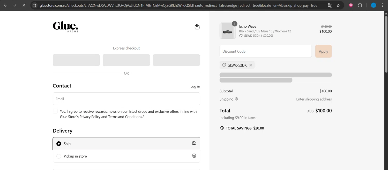 Glue Store promo code screenshot showing code GLWK-52DK applied at Glue Store checkout page. Uploaded by SimplyCodes community member Jeanjc on May 28, 2025