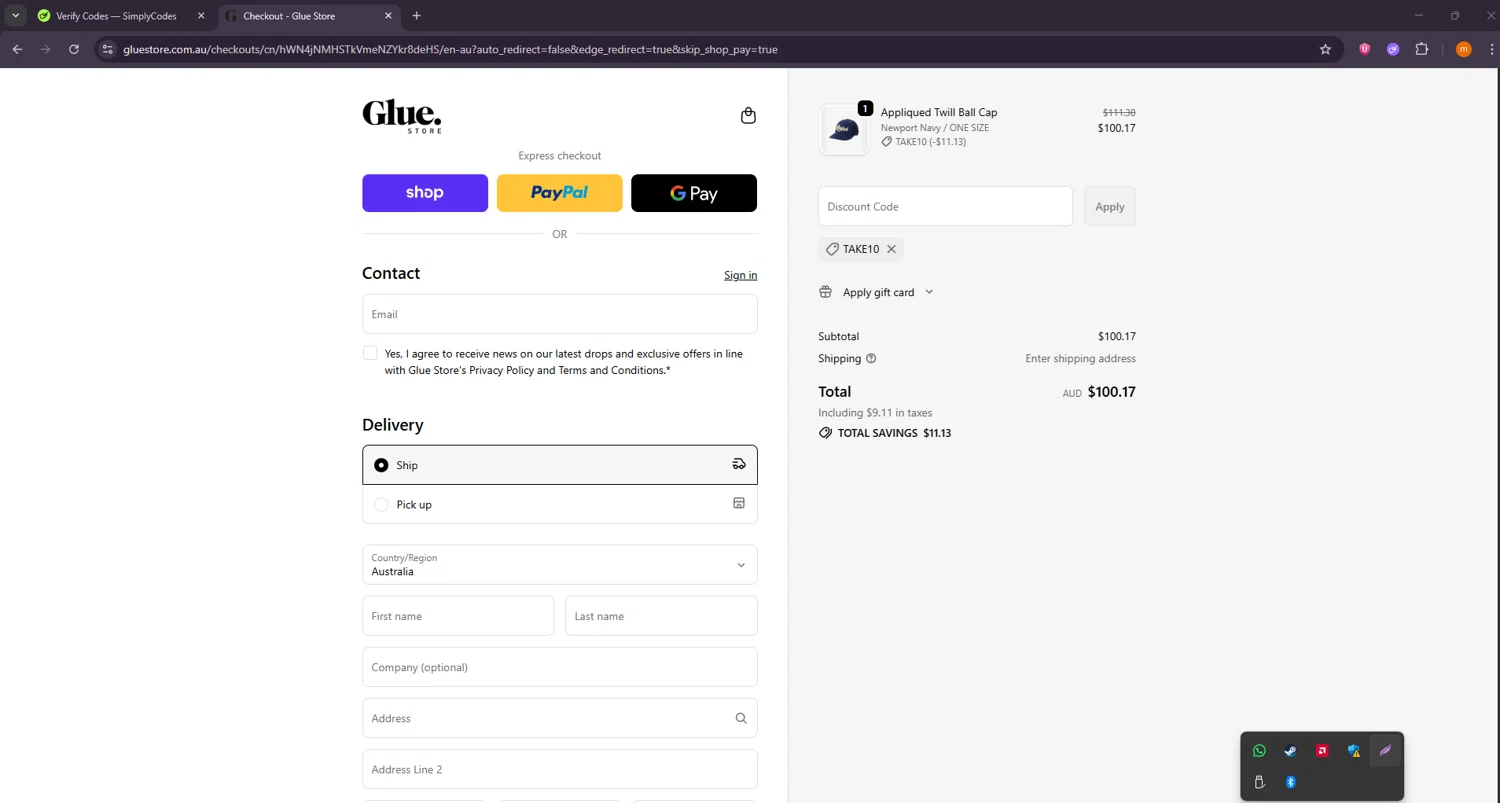 Glue Store checkout page showing Glue Store promo code box | Screenshot taken by SimplyCodes community member on Oct 30, 2025